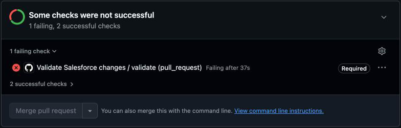 A merge request where the required validate check failed and the Merge pull request button is disabled
