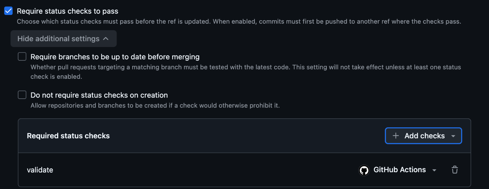 The Require status checks to pass rule with validate added as a required check from GitHub Actions